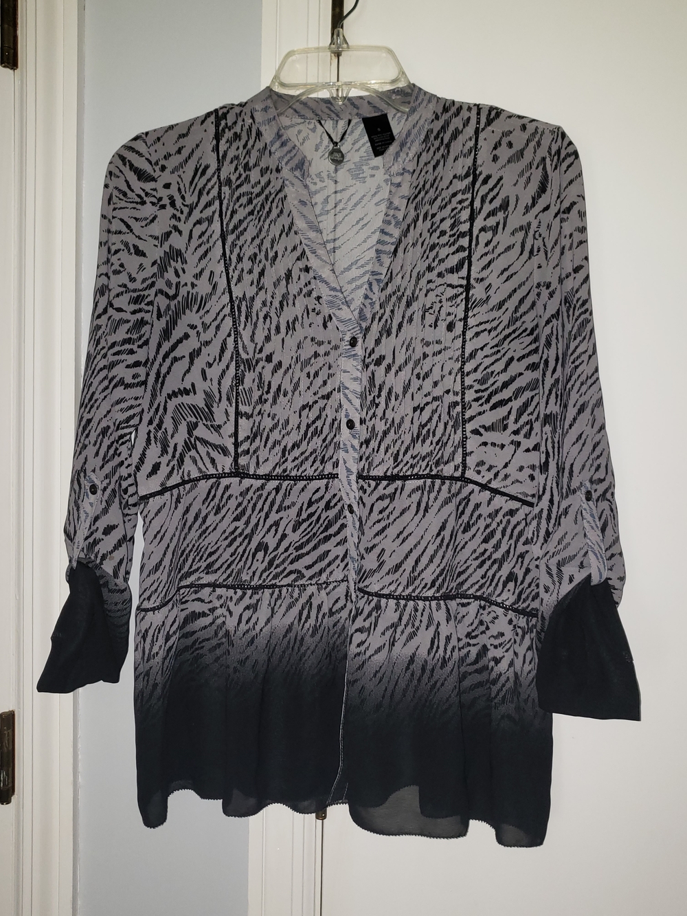BKE Black and Gray Zebra Print Button-Front Blouse Semi Sheer - Small
